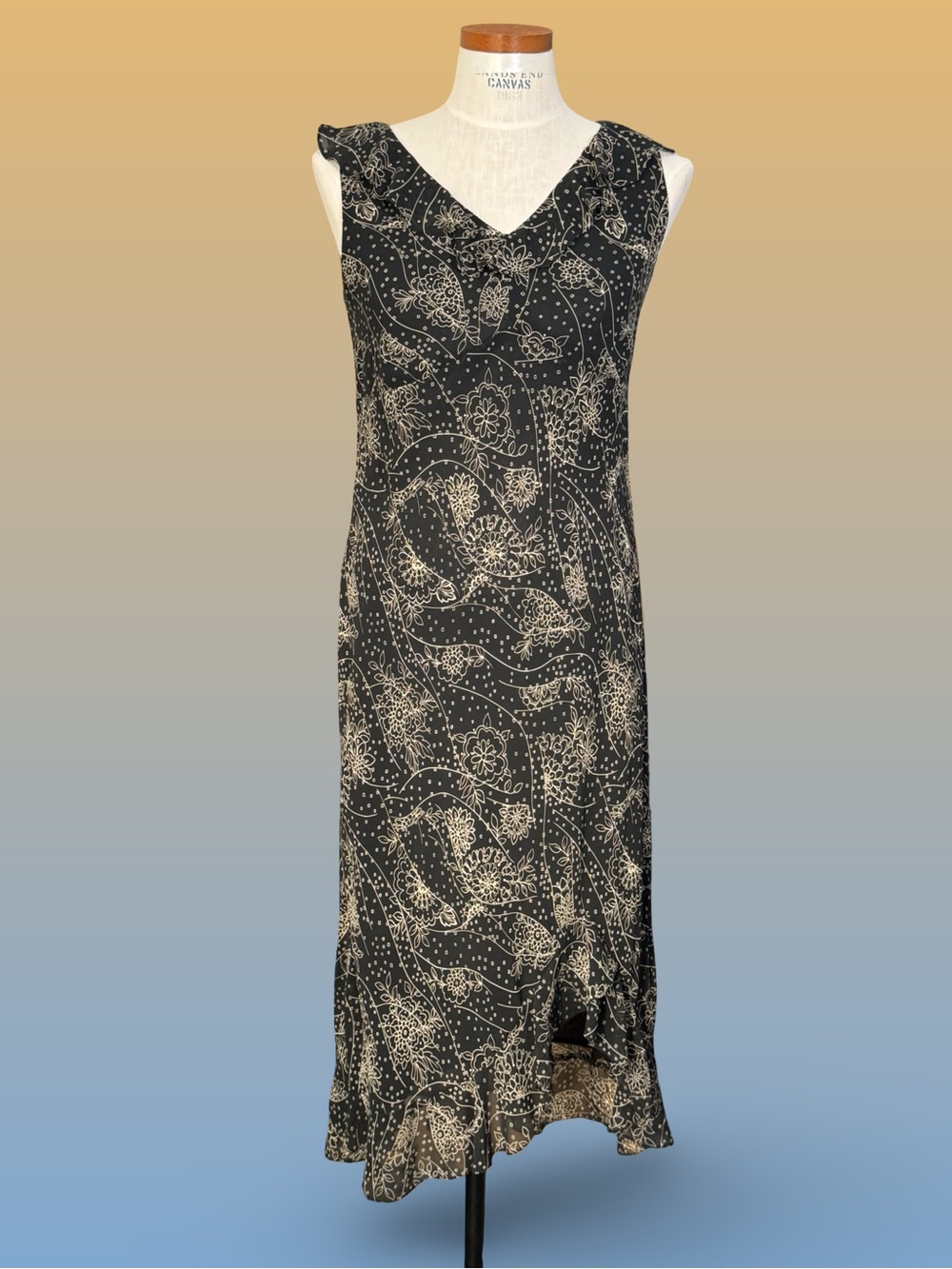 90s Ann Taylor LOFT Asymmetrical Ruffle V-Neck Floral Sleeveless Midi Dress Sz8